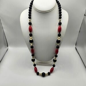Vintage Black and Red Beaded Necklace Gold Tone Accents Oval and Round Beads